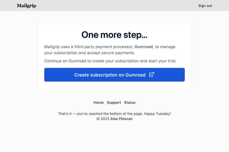 a screenshot of the screen that redirects customers to Gumroad