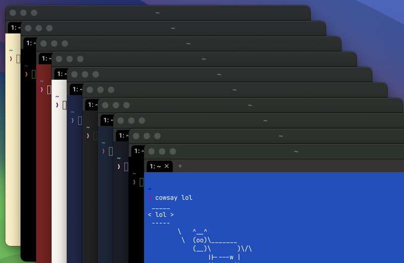 screenshot of many WezTerm terminal windows, each with a distinctive colour scheme