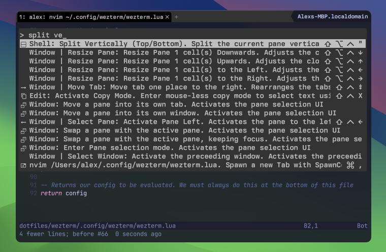 screenshot of WezTerm's command palette